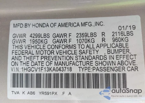2019 Honda Accord Lx z USA, uszkodzony, nr VIN 1HGCV1F13KA043718